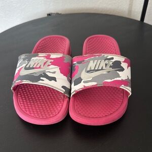 Nike Pink and Gray Sandals with Camouflage Design